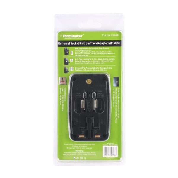 Travel Adaptor Multi Plugs With One Universal Socket & 4 USB Charging Sockets Of 5V3.2A (Black)