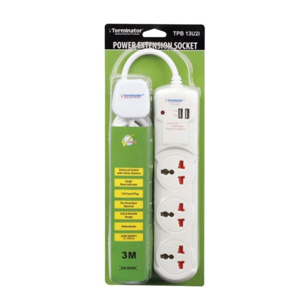 3 Way Universal Power Extension Socket With 2 USB