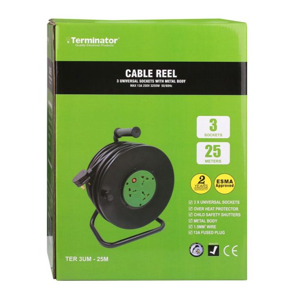 3 Way Universal Power Extension Reel With Metal Spool - TER 3UM-25M